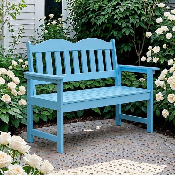 BouPower Outdoor Poly Lumber Patio Bench, 2 Seat Slatted Garden Loveseat with Weather Resistant Frame, 810 Lb Capacity Porch Bench for Patio, Backyard, Balcony, Deck, Park, Front Porch