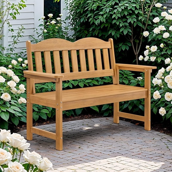 BouPower Outdoor Poly Lumber Patio Bench, 2 Seat Slatted Garden Loveseat with Weather Resistant Frame, 810 Lb Capacity Porch Bench for Patio, Backyard, Balcony, Deck, Park, Front Porch