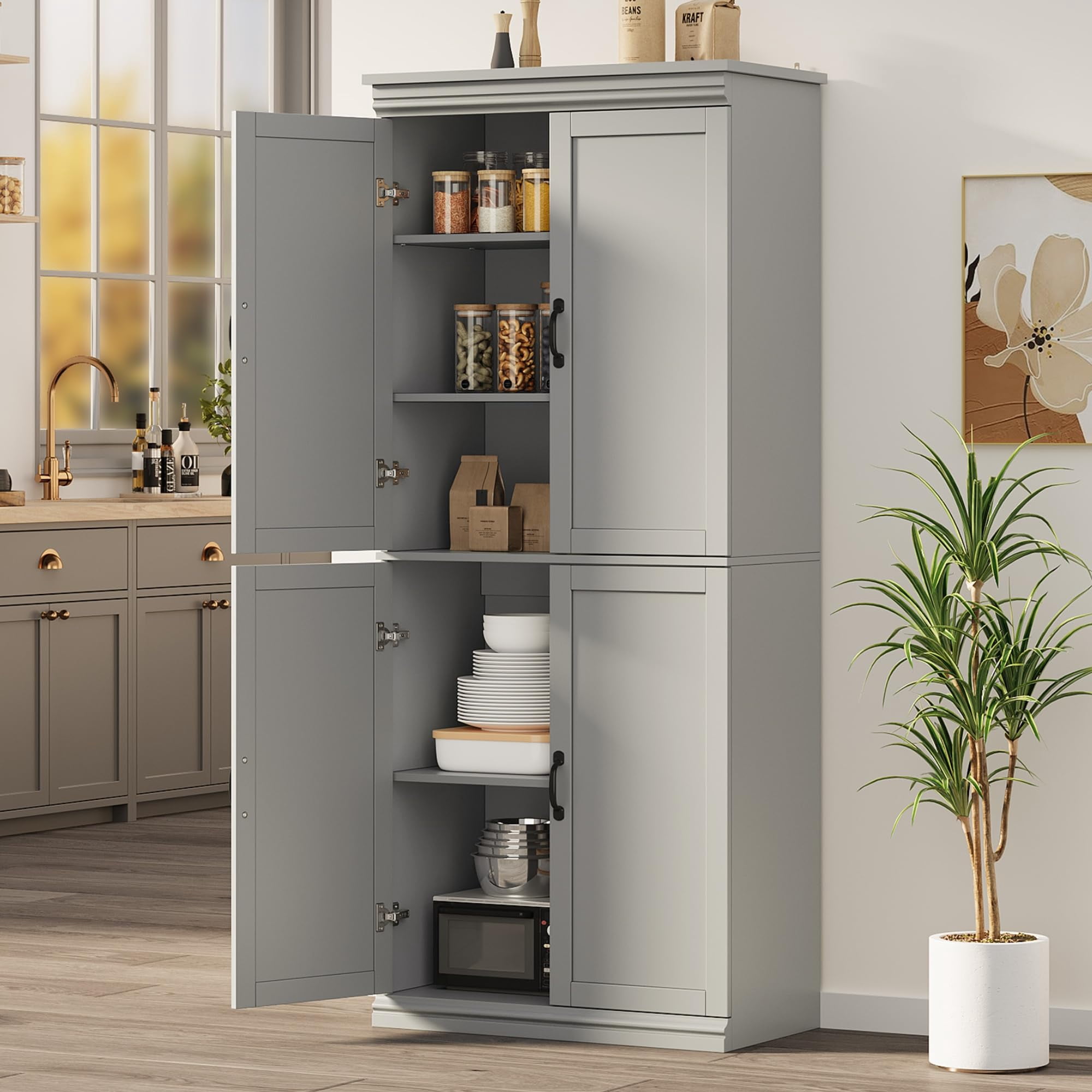 BouPower Pantry Cabinet,70" Tall Kitchen Pantry Cabinet with 2 Doors and 3 Adjustable Shelves, Freestanding Cupboard, Modern Tall Storage Cabinet for Bathroom, Dining Room, Living Room