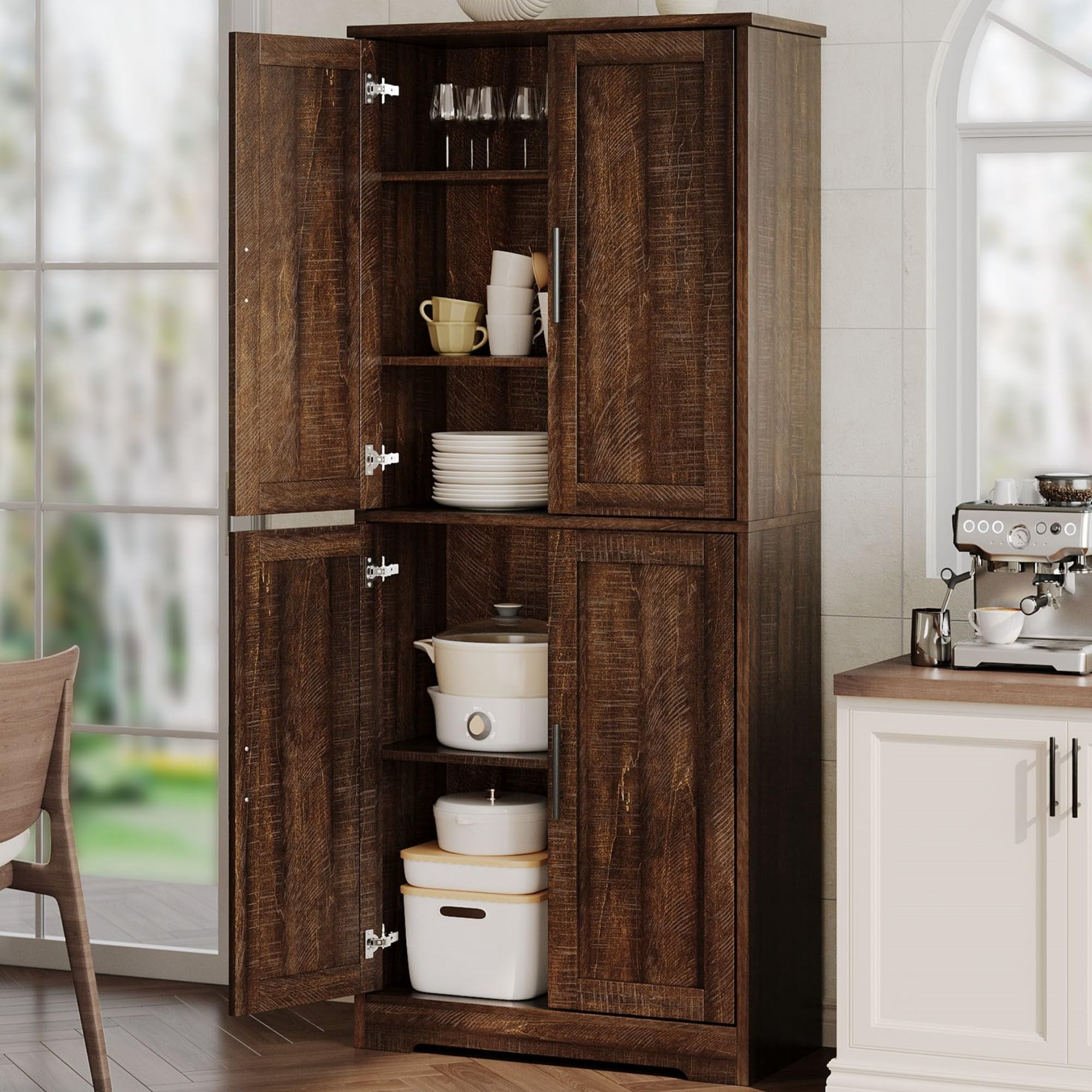 BouPower Pantry Cabinet,70" Tall Kitchen Pantry Cabinet with 2 Doors and 3 Adjustable Shelves, Freestanding Cupboard, Modern Tall Storage Cabinet for Bathroom, Dining Room, Living Room