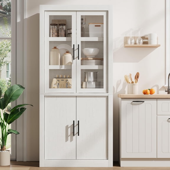 BouPower Pantry Cabinet,Kitchen Pantry Storage Cabinet with 4 Doors & Adjustable Shelves,Farmhouse Kitchen Hutch for Living Room,Dining Room