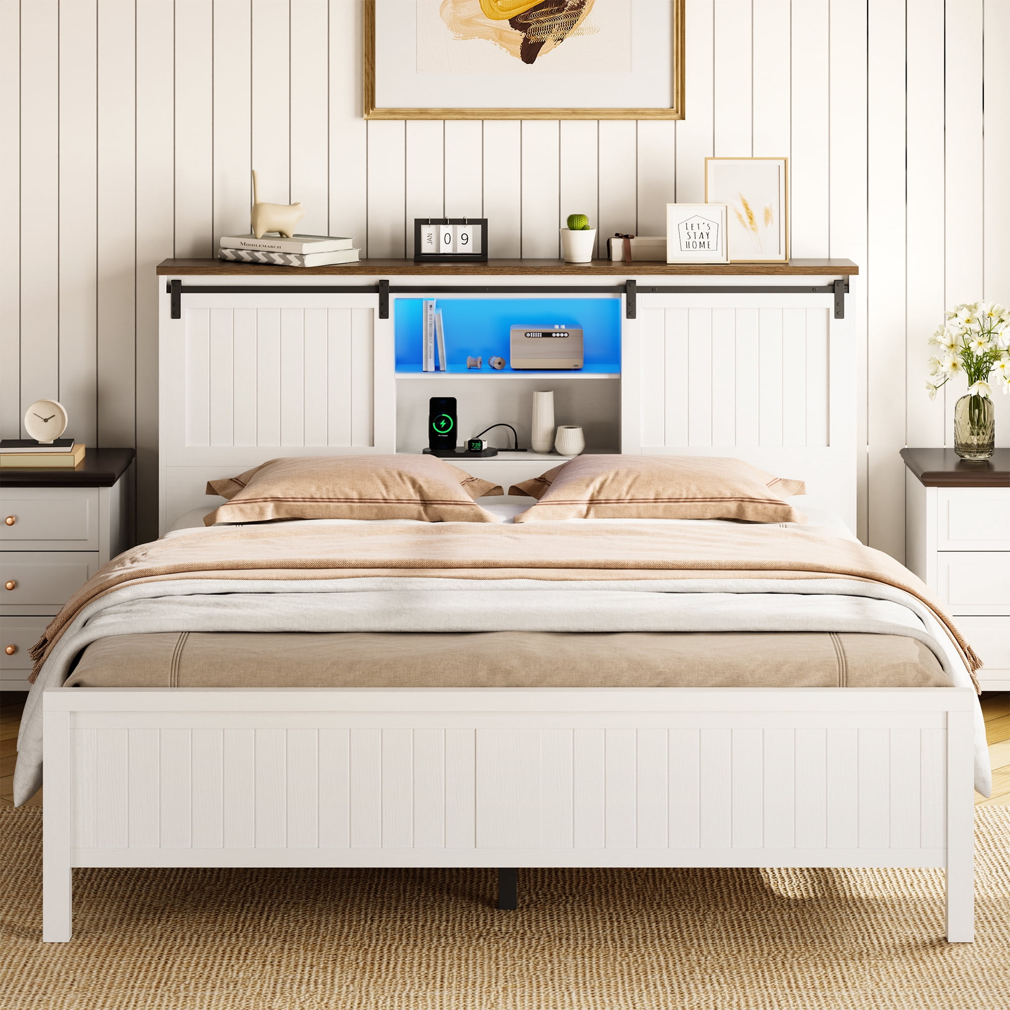 BouPower Queen Bed Frame with Storage Headboard and Footboard, Wood ...