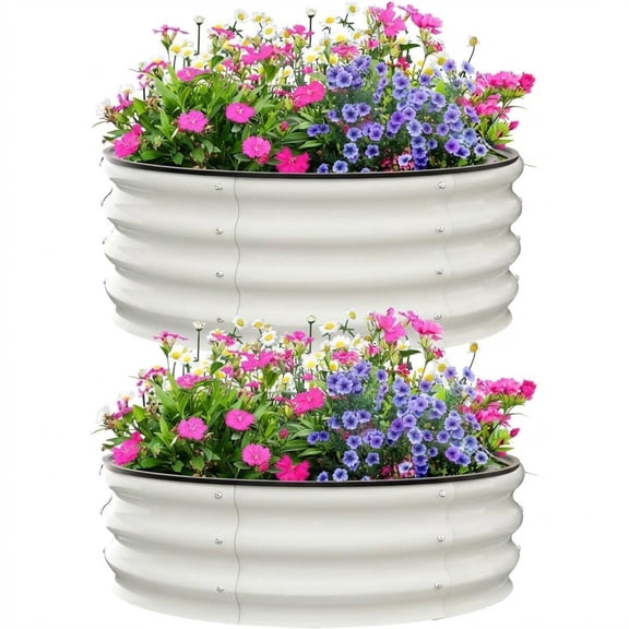 BouPower Raised Garden Bed, Galvanized Planter Box Outdoor,Oval Large Rot-Resistant Metal Garden Bed Planter,Outdoor Metal Planter Box with Open-Base & Rubber Edges for Vegetables Flower Herb