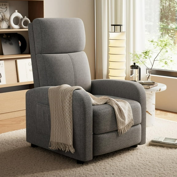 BouPower Recliner Chair, Linen Fabric Manual Recliner with Side Pocket, High Backrest, Thick Cushion, Adjustable Push Back Recliner,Comfortable Lounge Chair for Living Room, Home Theater, Bedroom
