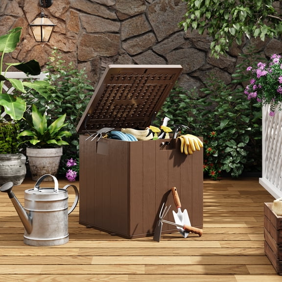 BouPower Resin Deck Box,Lockable Storage Containers,28 Gallon Outdoor Storage Box for Patio Furniture Pool Accessories