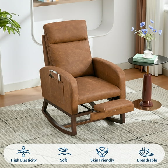BouPower Rocking Chair Nursery with Foot Rest,Upholstered Rocker Glider with High Backrest,Side Pocket,Nursing Rocking Chairs for Mom Nursery Living Room,Bedroom