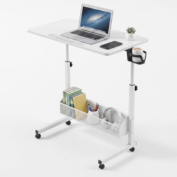BouPower Mobile Standing Desk with Wheels, Adjustable Height 34" to 42", Rolling Lapton Cart with Cup Holder Storage Tiltable Desktop, Home Office Stand up Desk(32"x16")