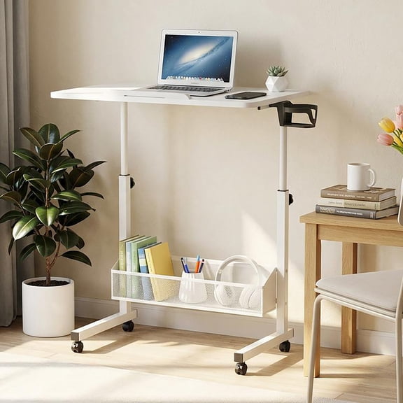 Boupower Mobile Standing Rolling Desk, Adjustable Height 34" to 42", Wheeled Lapton Cart with Cup Holder Storage Tiltable Desktop, Home Office Stand up Desk