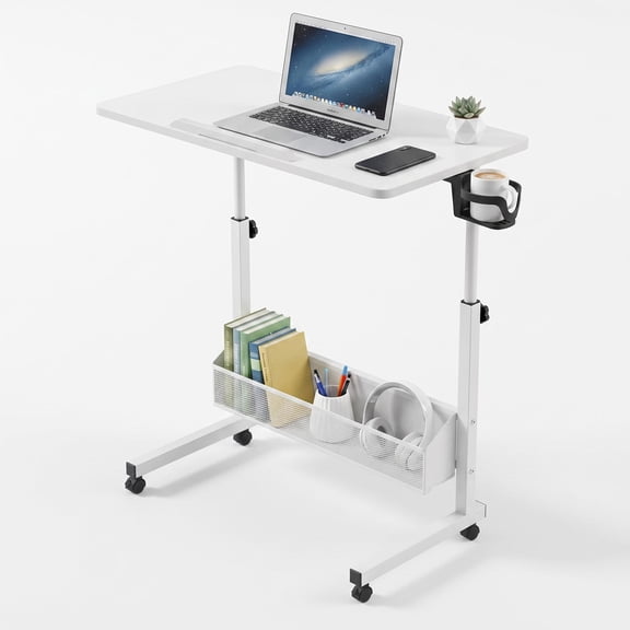 BouPower Mobile Standing Desk with Wheels, Adjustable Height 33.9" to 42.5", Rolling Lapton Cart with Cup Holder Storage Tiltable Desktop, Home Office Stand up Desk(31.5"x15.75")