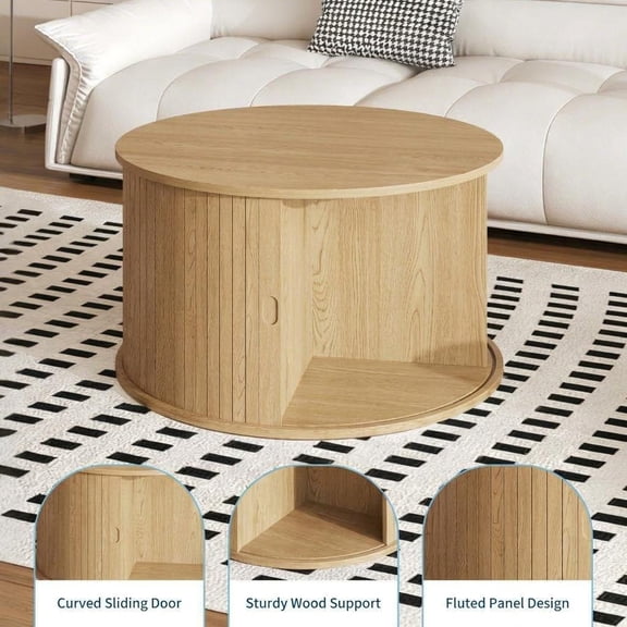 BouPower Round Coffee Table With Sliding Doors, Round Coffee Tables With Storage, Modern Fluted Center Table For Living Room, Round Coffee Table With Sliding Doors 2-Tier Wood Circle Table