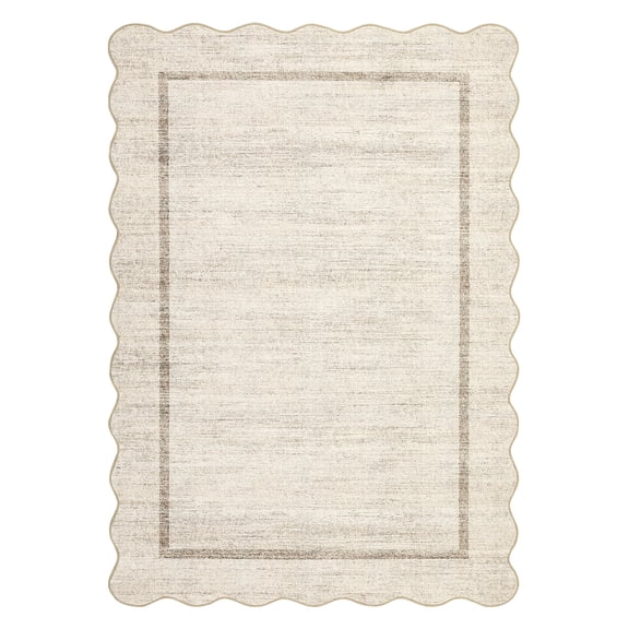 BouPower Scalloped Washable Low Pile Area Rug, Non Slip Non-Shedding Neutral Beige Indoor Floor Carpet for Living Room Bedroom Kitchen Entryway