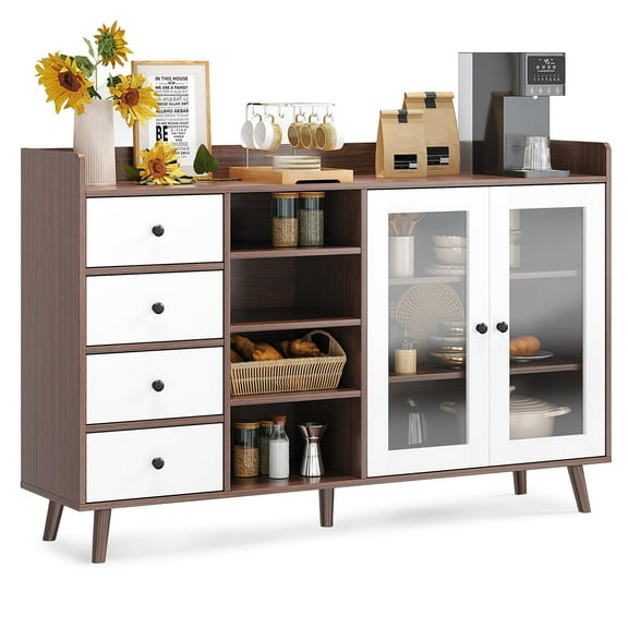 BouPower Sideboard Buffet Cabinet with Open Racks & 4 Drawers, 55.11 Inch Large Sideboard Storage Cabin, Kitchen Cabinet with Glass Doors & Adjustable Shelves, Wood Side Board Table for Dining Room