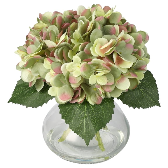 BouPower Silk Artificial Hydrangea Flower Arrangement with Glass Vase and Faux Water, Realistic Fake Blooms for Tabletop, Wedding, Home and Office Decor