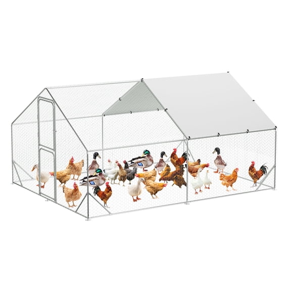 BouPower Spacious Metal Chicken Coop Run, Double Door Walk-in Poultry Cage, Waterproof & Anti-UV Cover, Outdoor Enclosure for 10-15 Chickens, Ducks, Rabbits, Size: 9.8' W x 13.1' L x 6.6' H