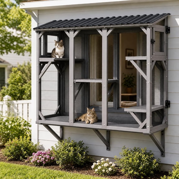 BouPower Spacious Wooden Cat Window Perch & Enclosure – 70" Outdoor Cat Patio with UV-Resistant Roof, Rust-Resistant Mesh, 2 Lounging Boxes, 5 Platforms, Window Shelf for Patio or Backyard