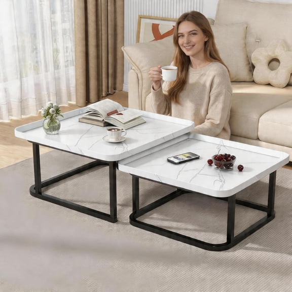 BouPower Square Nesting Coffee Table Set of 2 Mid-Century Modern Fluted End Tables Stackable Space-Saving for Living Room Bedroom Balcony Lounge, 23.6" & 19.7", Metal Legs