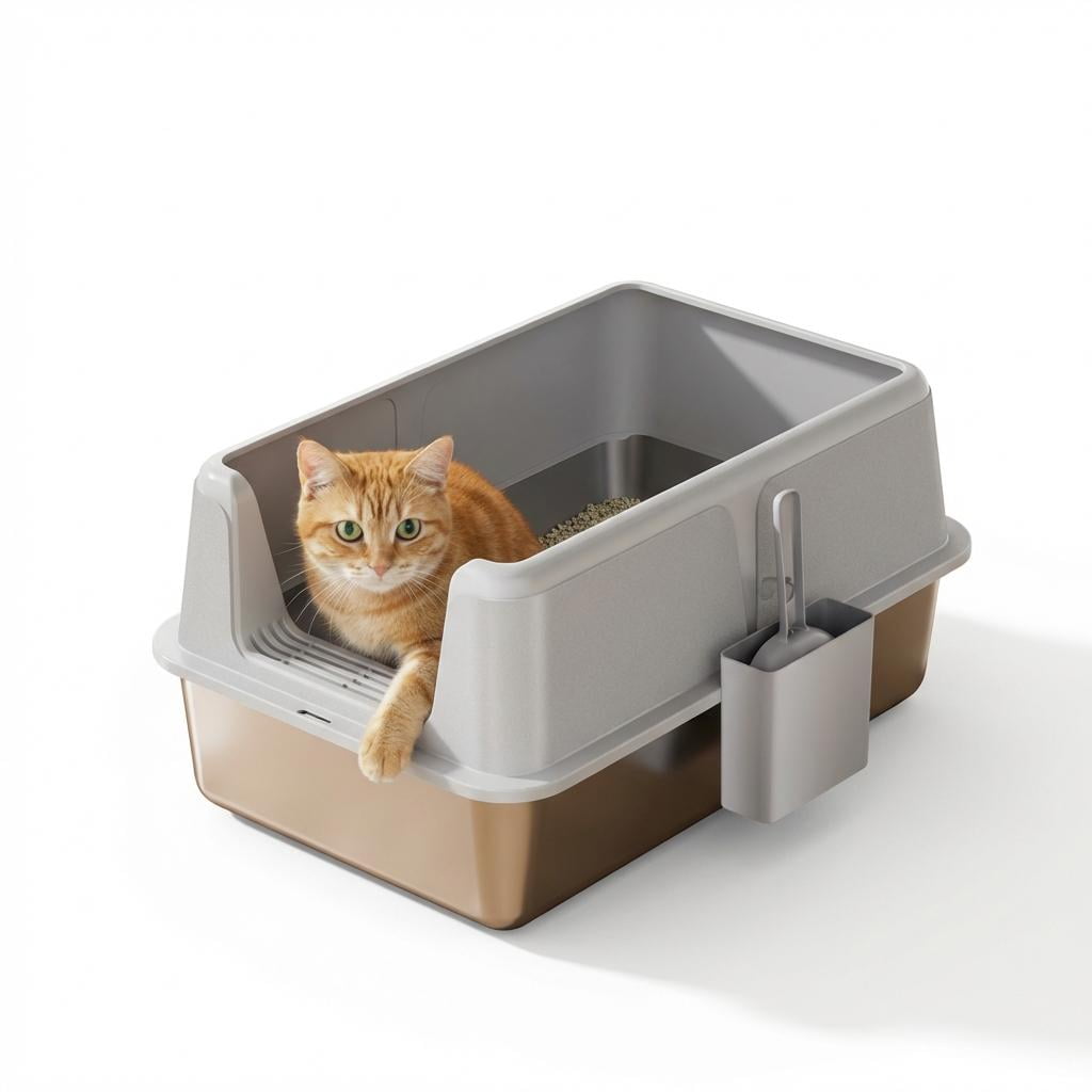 BouPower Stainless Steel Cat Litter Box,Odor Free Metal Litter Box with High Sides Lid,Litter Pan Include Scoop Easy Cleaning Anti-Scratch Kitty Cat Box Anti-Urine Leakage,Non-Stick,24"x16"x12"