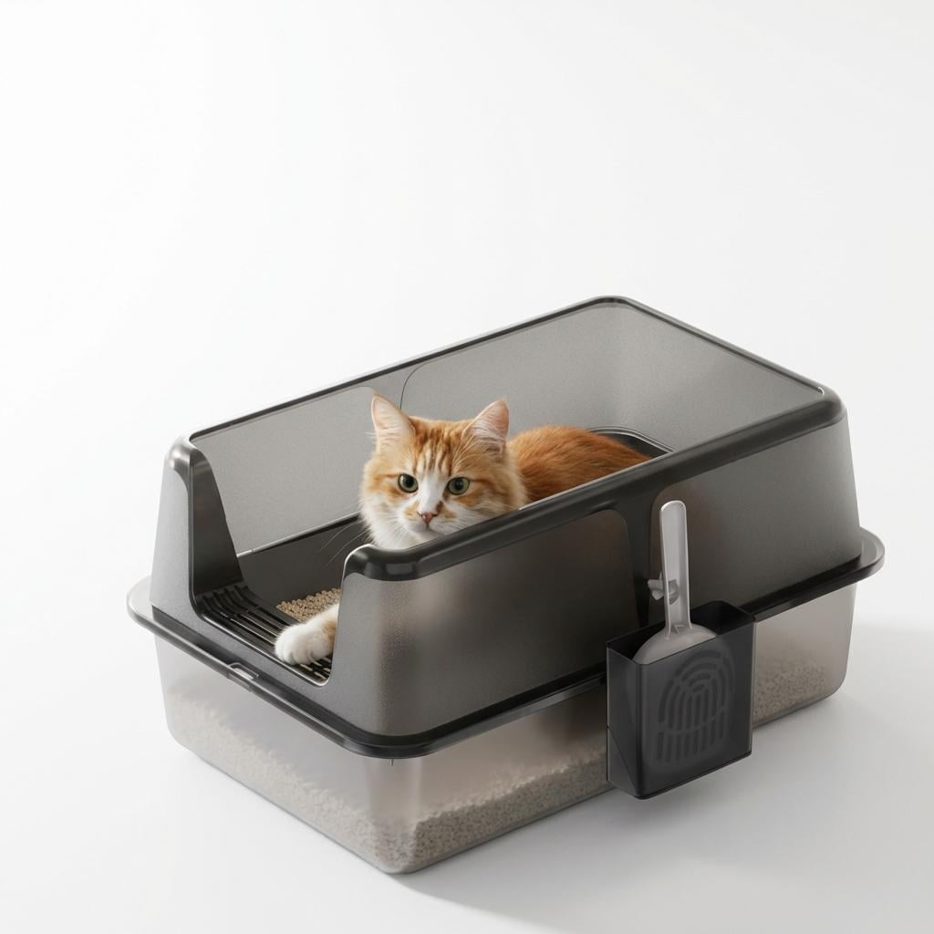 BouPower Stainless Steel Cat Litter Box,Odor Free Metal Litter Box with High Sides Lid,Litter Pan Include Scoop Easy Cleaning Anti-Scratch Kitty Cat Box Anti-Urine Leakage,Non-Stick,24"x16"x12"