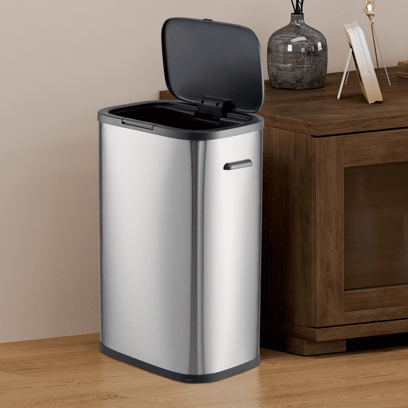 BouPower Stainless Steel Trash Can with Pop-Up Lid,13 Gal/50L Rectangular Waste Bin for Kitchen,Bathroom,Office