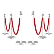 BouPower Superior Crowd Control Stanchion Set, Stainless Steel Posts with Red Soft Fabric Ropes & 26FT Carpet, Durable Outdoor Decorative Fence for Events, Weddings, Parties, Silver Finish, 6 Pack