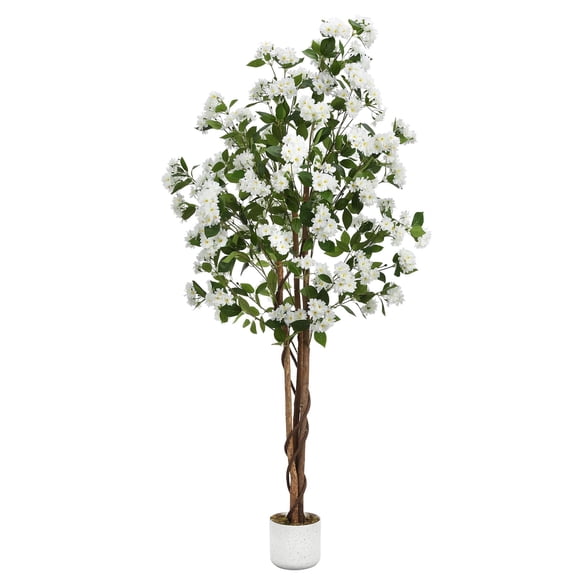 BouPower Tall Artificial Osmanthus Tree with Planter, Faux Potted Plant with Natural Wood Trunk & Lifelike White Flowers, Low Maintenance Easy Assembly Fake Tree