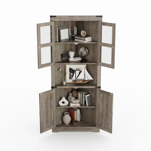 BouPower Tall Corner Storage Cabinet with Glass Door & Adjustable Shelves, Farmhouse 6-Tier Corner Hutch with Lights, Space-Saving Cabinet for Kitchen Bathroom Living Room Hallway
