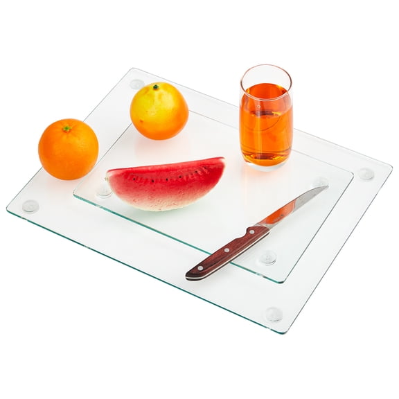 BouPower Tempered Glass Cutting Board with Rubber Feet, Rectangle Non-Slip Chopping Plate, Clear Heat & Shatter Resistant Glass Board for Kitchen Countertop, Long Lasting Tray (12x16 in & 12x8 in)