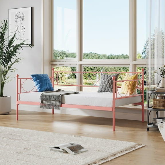 BouPower Twin Daybed with Trundle,Metal Day Bed,Sofa Bed Frame with Metal Slat Support,Twin Size Mattress Foundation,Sofa Day Bed for Living Room,Bedroom,Space Saving