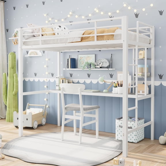 BouPower Twin Size Heavy Duty Metal Loft Bed with Large Desk & Storage Shelves, Safety Guardrail Ladder Steel Slat Support No Box Spring Needed Space Saving Frame