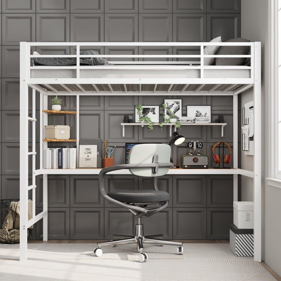 BouPower Twin Size Heavy Duty Metal Loft Bed with Large Desk & Storage Shelves, Safety Guardrail Ladder Steel Slat Support No Box Spring Needed Space Saving Frame