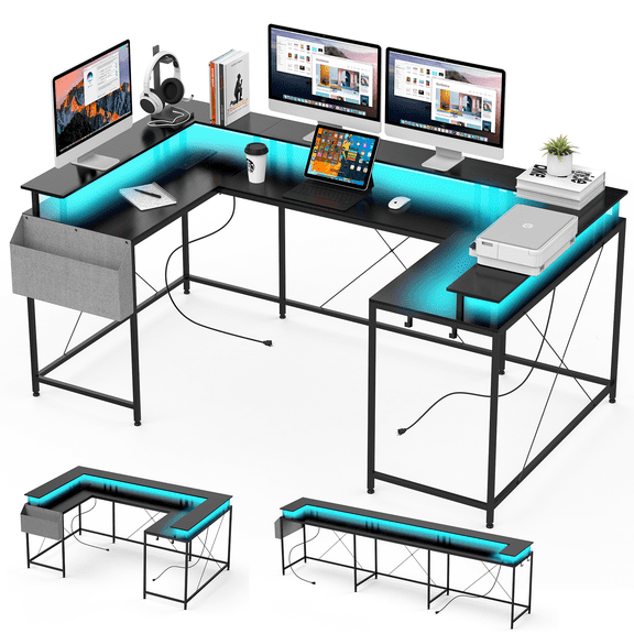 BouPower U Shaped Desk with Power Outlet & LED Lights,Computer Desk,Wood Home Office Desks Gaming Desk with Monitor Stand & Storage Shelves & Side Bag
