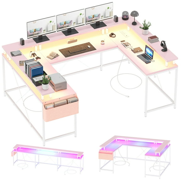 BouPower U Shaped Desk with Power Outlet & LED Lights,Computer Desk,Wood Home Office Desks Gaming Desk with Monitor Stand & Storage Shelves & Side Bag
