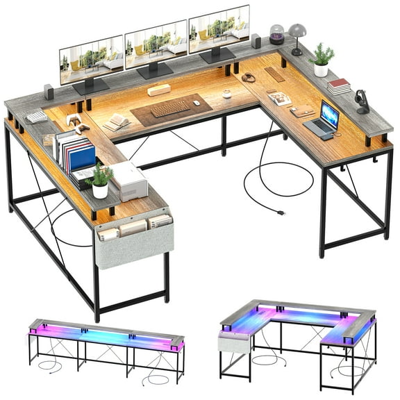 BouPower U Shaped Desk with Power Outlet & LED Lights,Computer Desk,Wood Home Office Desks Gaming Desk with Monitor Stand & Storage Shelves & Side Bag