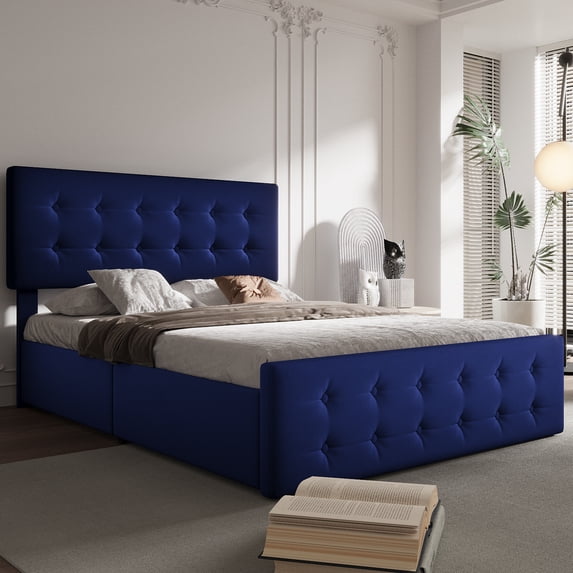 BouPower Upholstered Bed Frame with Storage Drawers & Headboard,Platform Bed Frame with Wooden Slats Support,Mattress Foundation/No Box Spring Needed/Easy Assembly