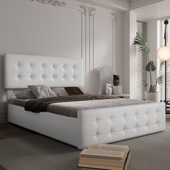 BouPower Upholstered Bed Frame with Storage Drawers & Headboard,Platform Bed Frame with Wooden Slats Support,Mattress Foundation/No Box Spring Needed/Easy Assembly