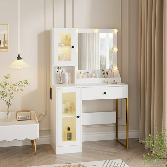 BouPower Vanity Desk with LED Lighted Mirror & Power Outlet,Makeup Vanity Table with Drawers,Glass Cabinets,Vanity Table,Vanity Desk for Bedroom,Bathroom