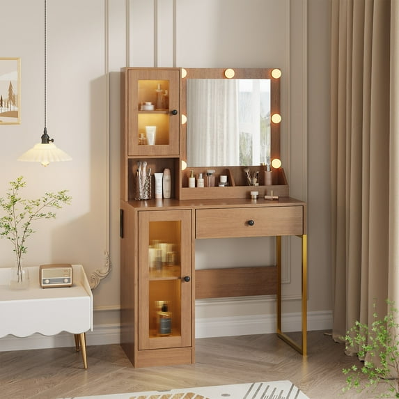 BouPower Vanity Desk with LED Lighted Mirror & Power Outlet,Makeup Vanity Table with Drawers,Glass Cabinets,Vanity Table,Vanity Desk for Bedroom,Bathroom