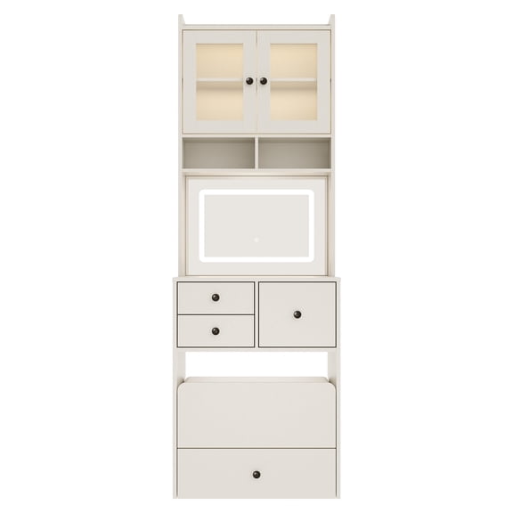 BouPower Vanity Desk with LED Lights Mirror, Makeup Vanity Table, Tall Makeup Vanity Set with 2 AC Outlets & USB-C, Dressing Table with Storage Drawers & Acrylic Doors, Dressing Table for Women Girls