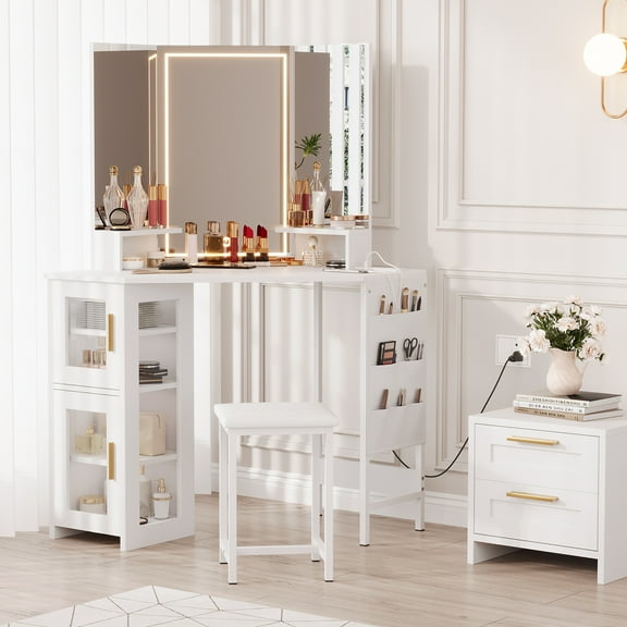 BouPower Vanity Desk with Mirror and Lights,Stool,Corner Makeup Vanities with Power Outlet for Bedroom Living Room