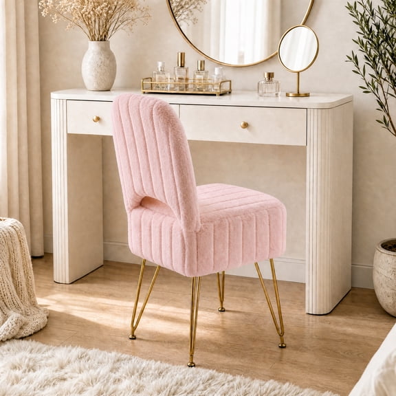 BouPower Vanity Stool with Storage & Adjustable Backrest – 280 lbs, Faux Fur