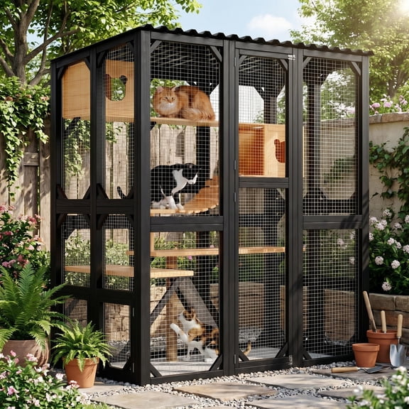 BouPower Walk-In Outdoor Catio Cat Enclosure, Extra Large Weatherproof Kitty Cage for Multiple Cats, Cat House with Window, Platforms, Resting Boxes, Hammock & Scratching Posts