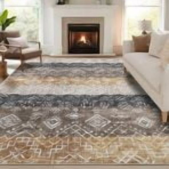 BouPower Washable Area Rugs, 10x13Ft Large Rug with Non-Slip Backing, Modern Geometric Rug, Stain-Resistant Bohemian Accent Carpet Soft Low Pile Carpet for Bedroom Farmhouse Dining Table, 5 Sizes