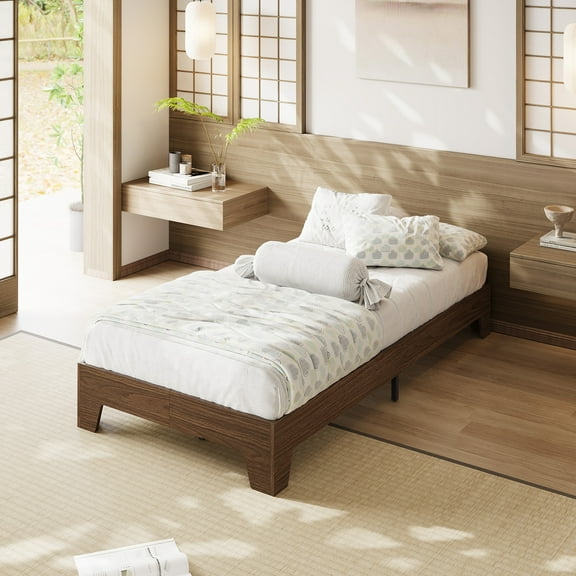 BouPower Wood Platform Bed with Sturdy Wooden Slats,Floor-Standing Bed Frame,Modern Minimalist Space-Saving Bed Frame,No Box Spring Needed,Easy Assembly