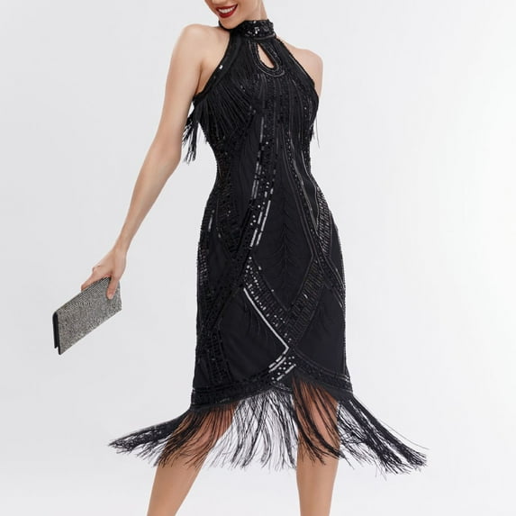 Bouanq 1920s Flapper Dress Long Fringed Sequin Dress Roaring 20s Sequins Beaded Dress Vintage Art Deco Dress for Evening Gown Wedding