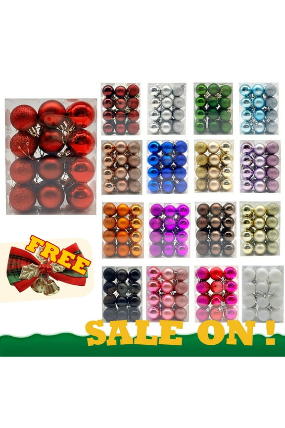 Bouanq 24ct Plastic Mini Small Tree Shatterproof Christmas Hanging Ball Ornaments, Christmas Ball Ornaments for Xmas Tree (1.37")