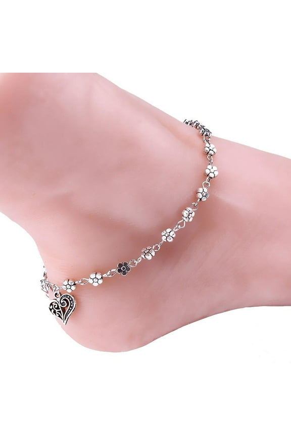 Anklet for Women S925 Silver Adjustable Foot Heart Moon Flower Pearl Multilayer Layered Ankle Bracelet Beach Jewelry