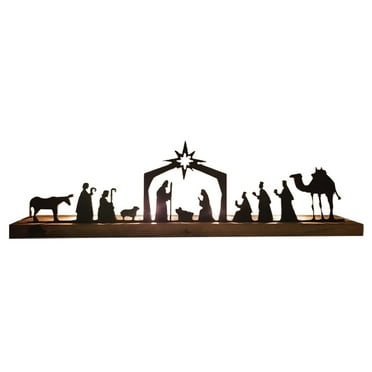 Bouanq Christmas Decorations Nativity Scene Nativity Sets For Christmas Indoor Black Metal Nativity Set With Wood Base People Nativity Set Tree Nativity For Christmas Table Decoration