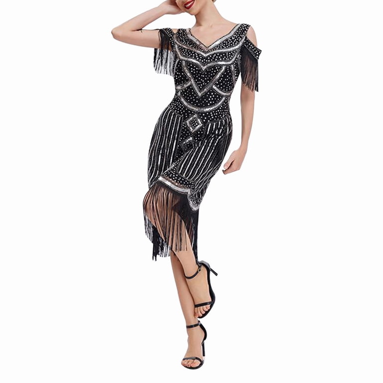 white christmas dresses Wedtrend Women Gatsby Party Dress Black Red Beaded Fringed Flapper Dress, Black / M