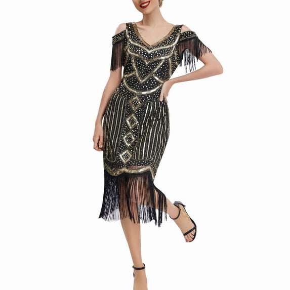 Bouanq Cocktail Dress 1920s Flapper Dress Long Fringe Dress Roaring 20s Sequin Beaded Dress Vintage Art Deco Dress Wedding Party Dresses