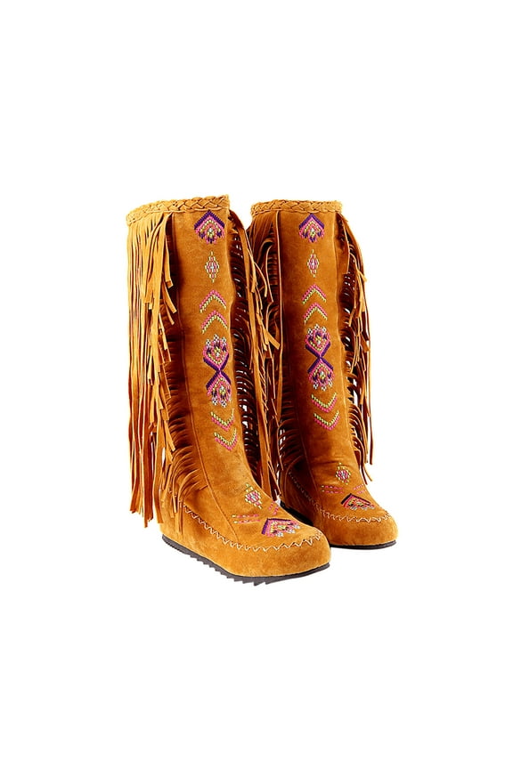 Cowboy Boots for Women Fringe Boots Cowgirl Boots Chunky Middle Heel Tassel Knee High Boots Snip Toe Pull On Western Riding Boots